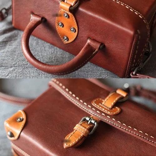 Vintage Brown Womens Leather Satchel Handbag Purse Structured Doctor Handbag Shoulder Bag