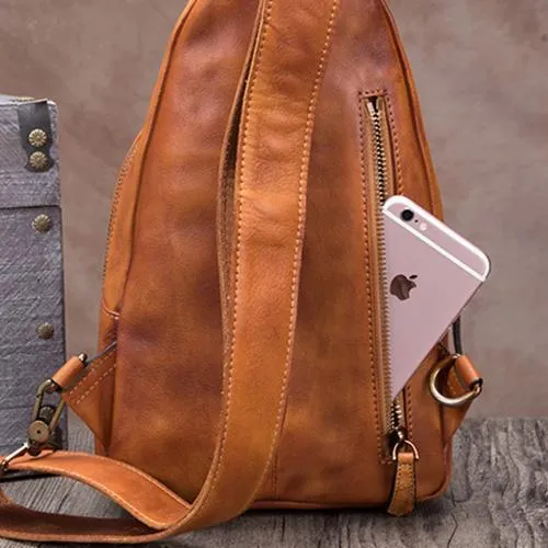 Vintage Brown Womens Leather Sling Bag Chest Bags Purses One Shoulder Backpack for Ladies