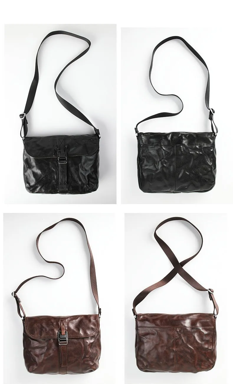 Vintage Coffee LEATHER MEN'S Side BAG 10 inches Courier Bag MESSENGER BAG CHEST BAG Black Postman BAG FOR MEN