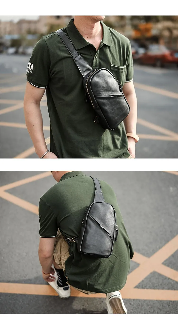 Vintage Dark Brown Leather Mens Chest Bag Black Sling Bag Sling Pack For Men