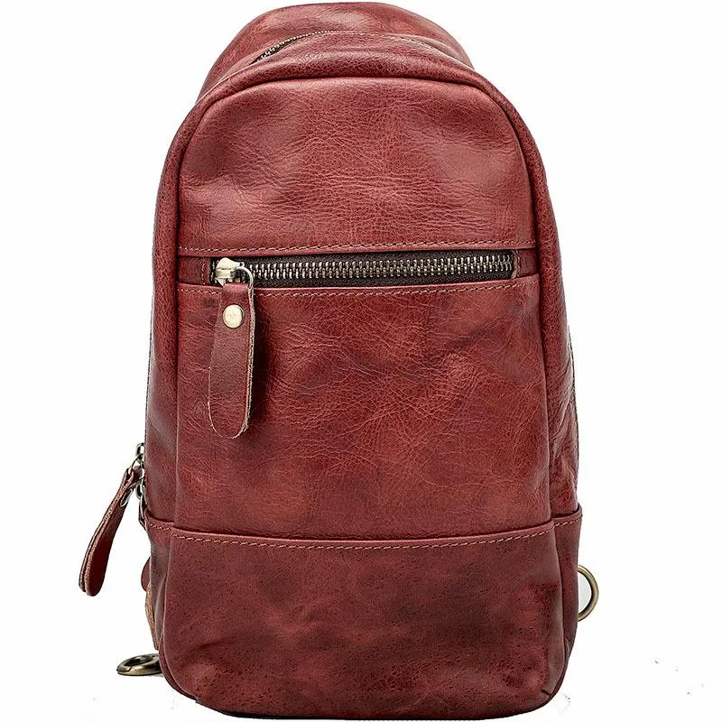 Vintage Dark Brown Leather Mens Chest Bag Red Brown Sling Bag Sling Pack For Men