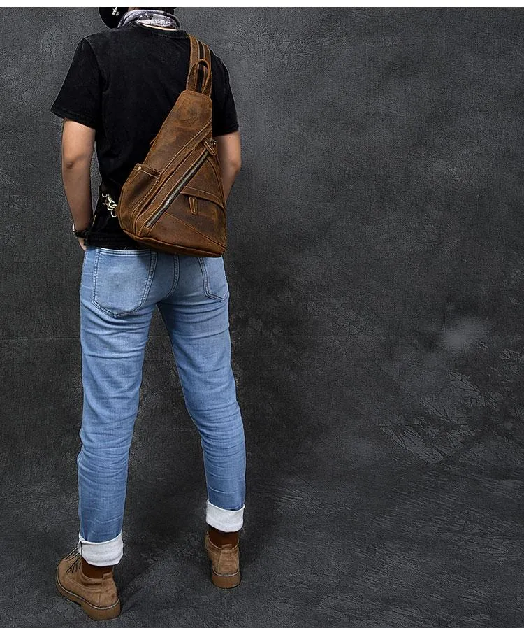 Vintage Leather Mens 16" Backpack Sling Bag Brown Chest Bag One Shoulder Backpack for Men