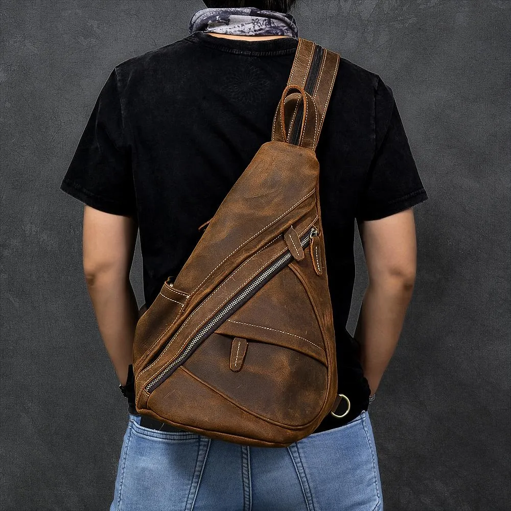 Vintage Leather Mens 16" Backpack Sling Bag Brown Chest Bag One Shoulder Backpack for Men