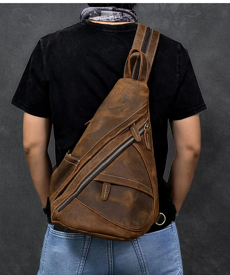 Vintage Leather Mens 16" Backpack Sling Bag Brown Chest Bag One Shoulder Backpack for Men