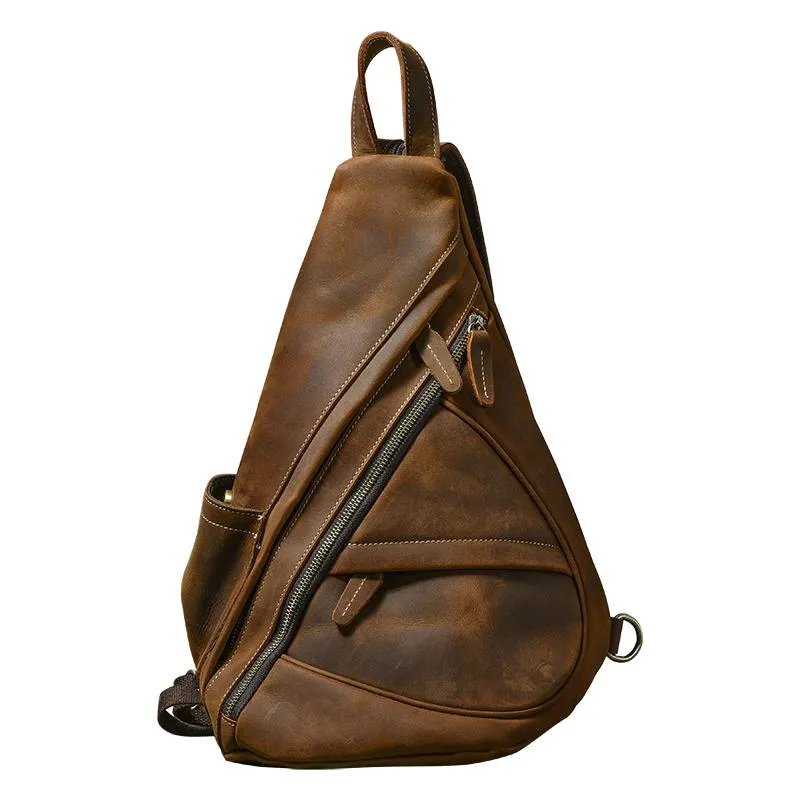 Vintage Leather Mens 16" Backpack Sling Bag Brown Chest Bag One Shoulder Backpack for Men