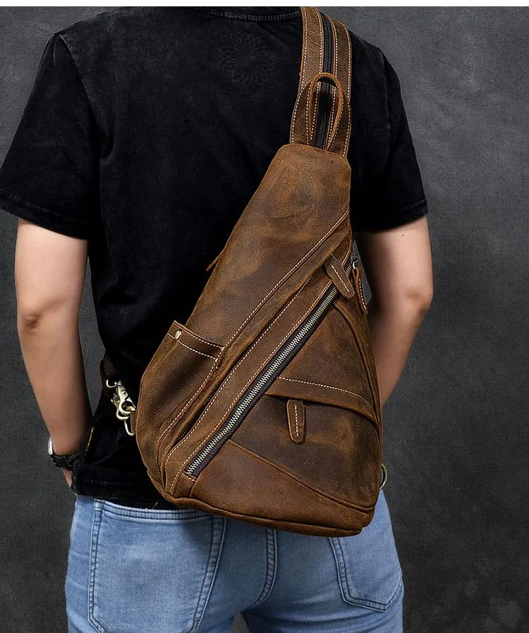 Vintage Leather Mens 16" Backpack Sling Bag Brown Chest Bag One Shoulder Backpack for Men