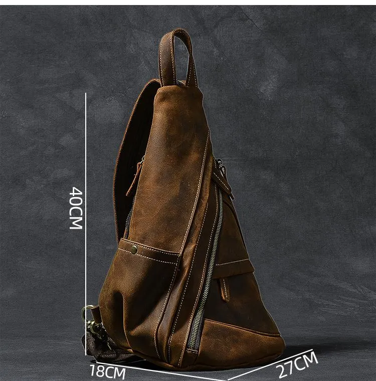 Vintage Leather Mens 16" Backpack Sling Bag Brown Chest Bag One Shoulder Backpack for Men