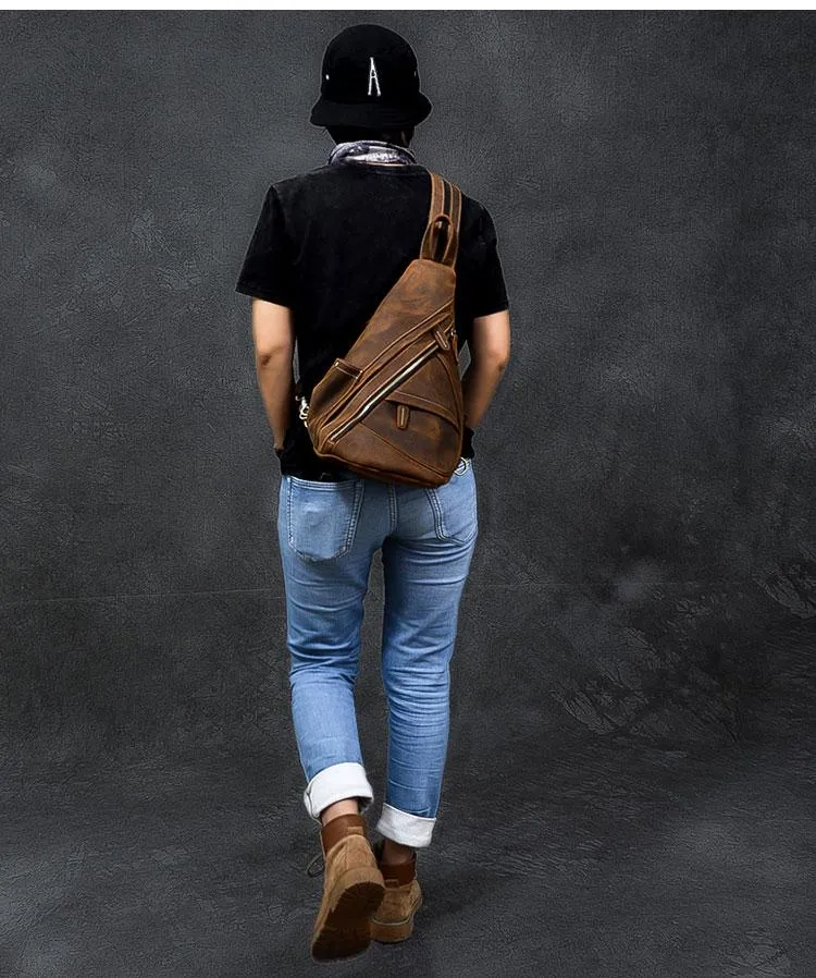 Vintage Leather Mens 16" Backpack Sling Bag Brown Chest Bag One Shoulder Backpack for Men