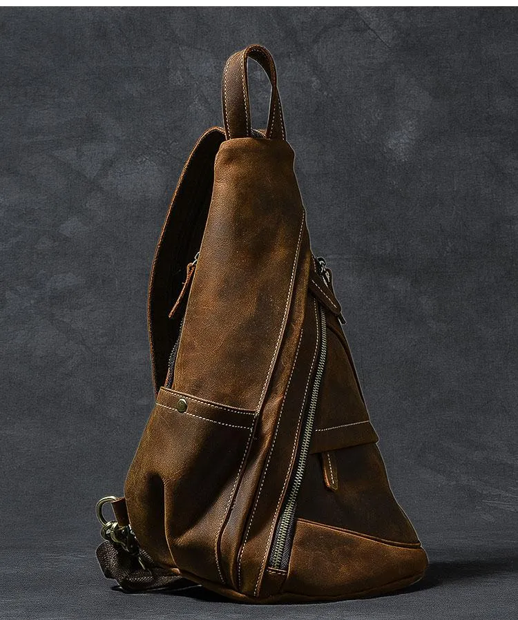 Vintage Leather Mens 16" Backpack Sling Bag Brown Chest Bag One Shoulder Backpack for Men