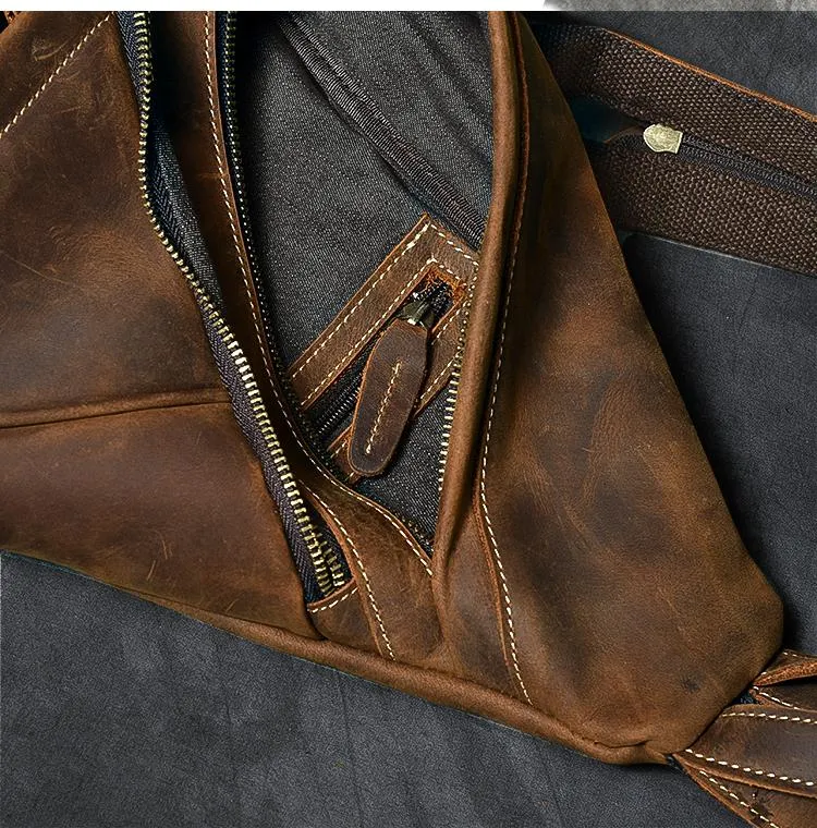 Vintage Leather Mens 16" Backpack Sling Bag Brown Chest Bag One Shoulder Backpack for Men