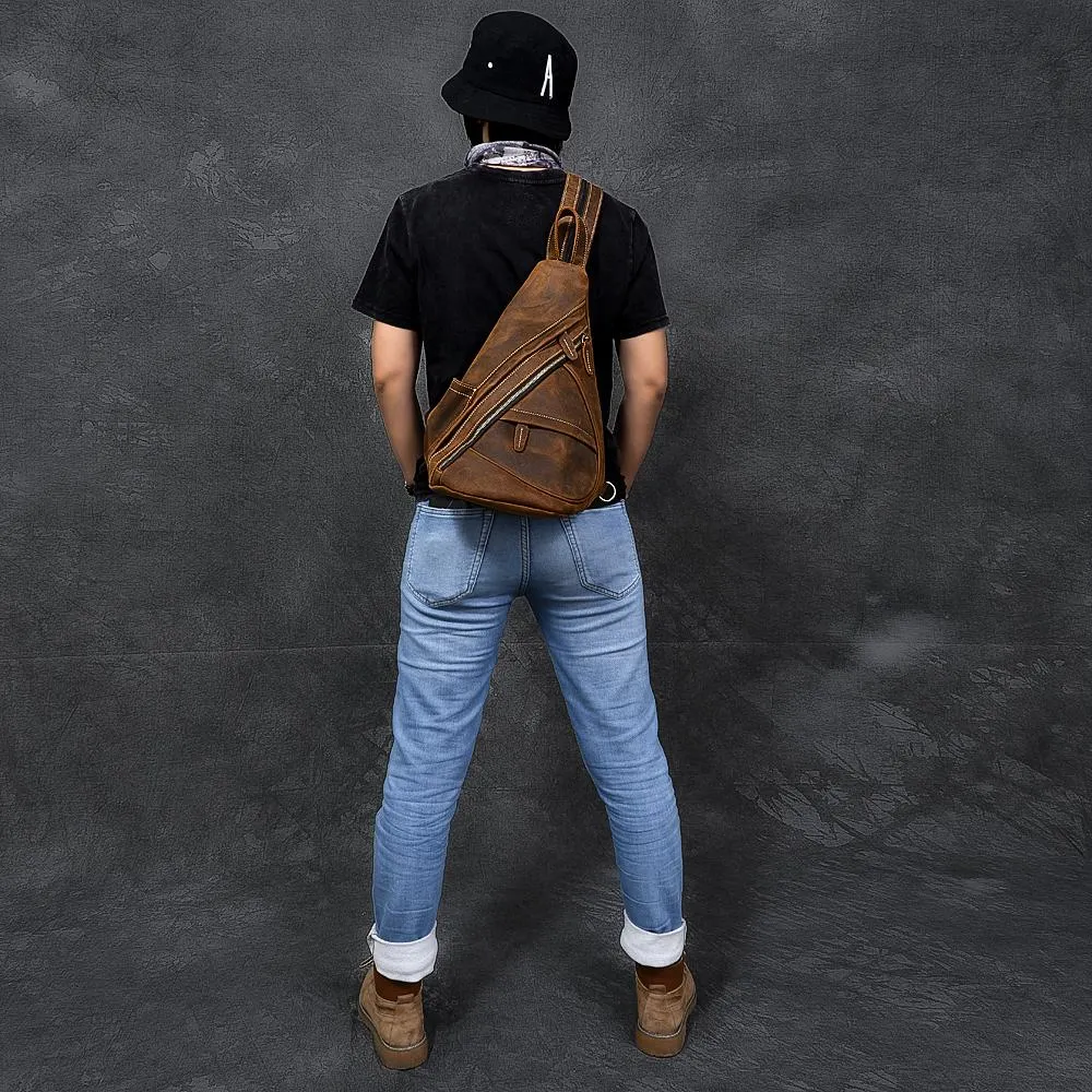 Vintage Leather Mens 16" Backpack Sling Bag Brown Chest Bag One Shoulder Backpack for Men