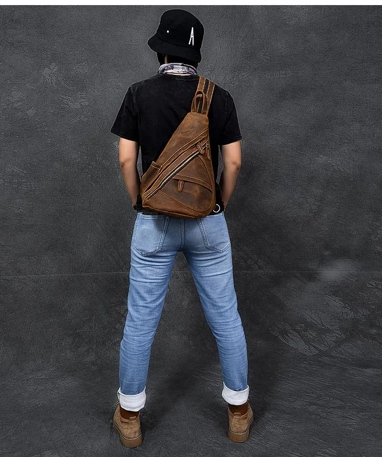 Vintage Leather Mens 16" Backpack Sling Bag Brown Chest Bag One Shoulder Backpack for Men