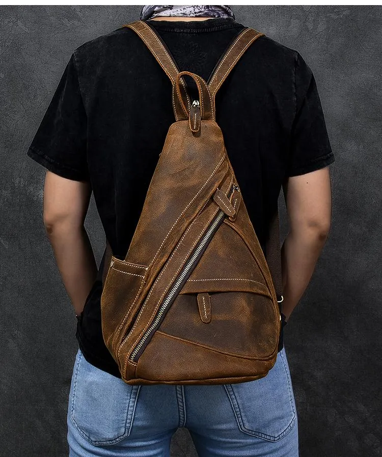 Vintage Leather Mens 16" Backpack Sling Bag Brown Chest Bag One Shoulder Backpack for Men