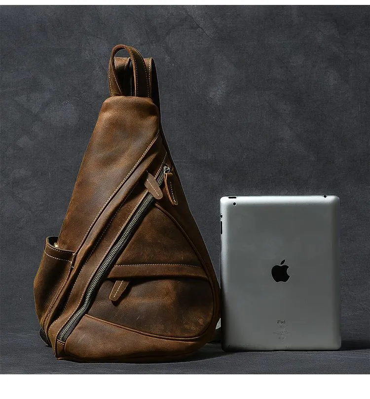 Vintage Leather Mens 16" Backpack Sling Bag Brown Chest Bag One Shoulder Backpack for Men
