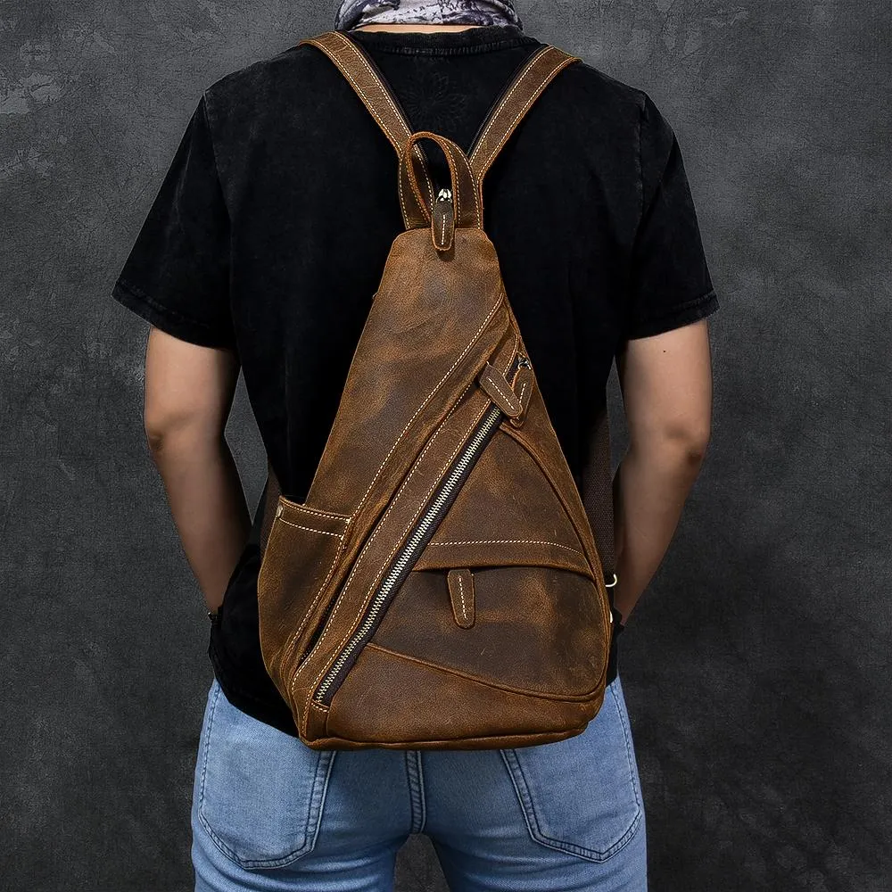 Vintage Leather Mens 16" Backpack Sling Bag Brown Chest Bag One Shoulder Backpack for Men