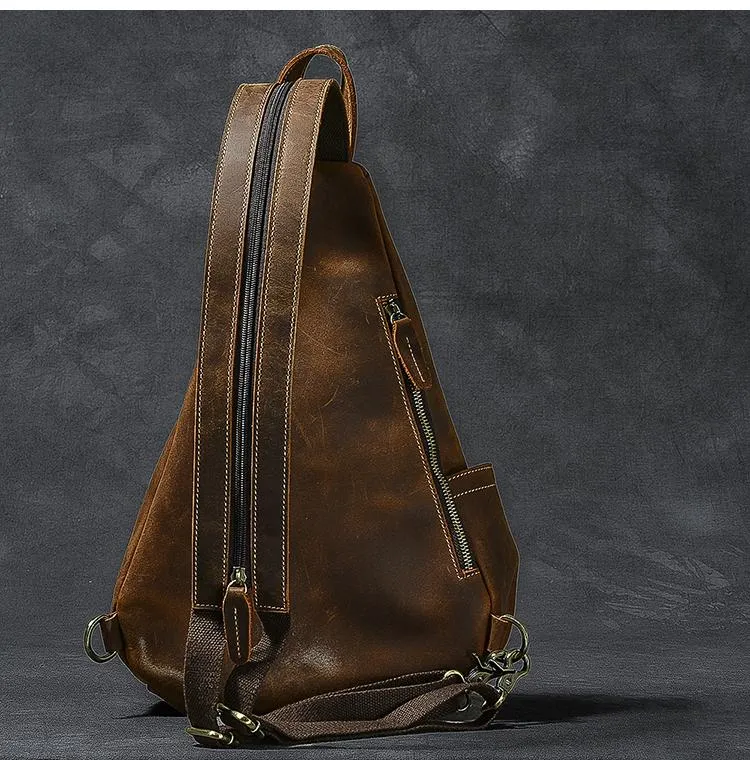 Vintage Leather Mens 16" Backpack Sling Bag Brown Chest Bag One Shoulder Backpack for Men