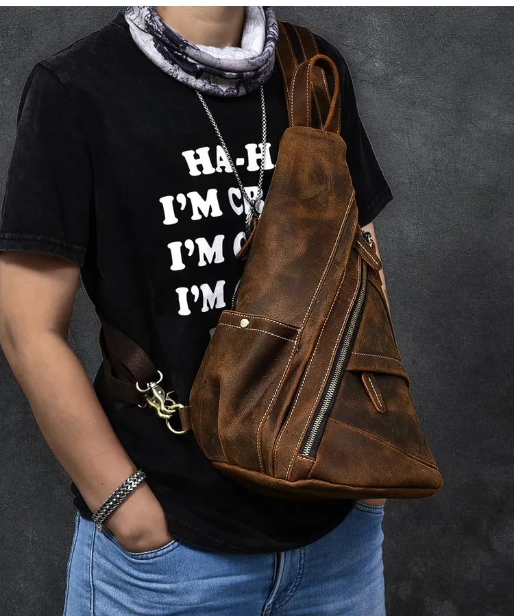 Vintage Leather Mens 16" Backpack Sling Bag Brown Chest Bag One Shoulder Backpack for Men