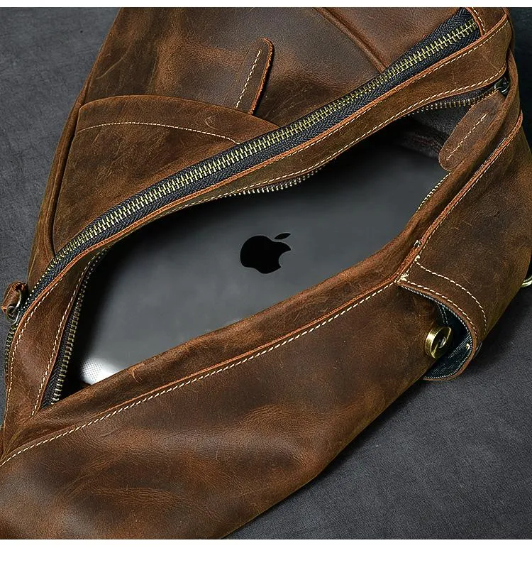 Vintage Leather Mens 16" Backpack Sling Bag Brown Chest Bag One Shoulder Backpack for Men