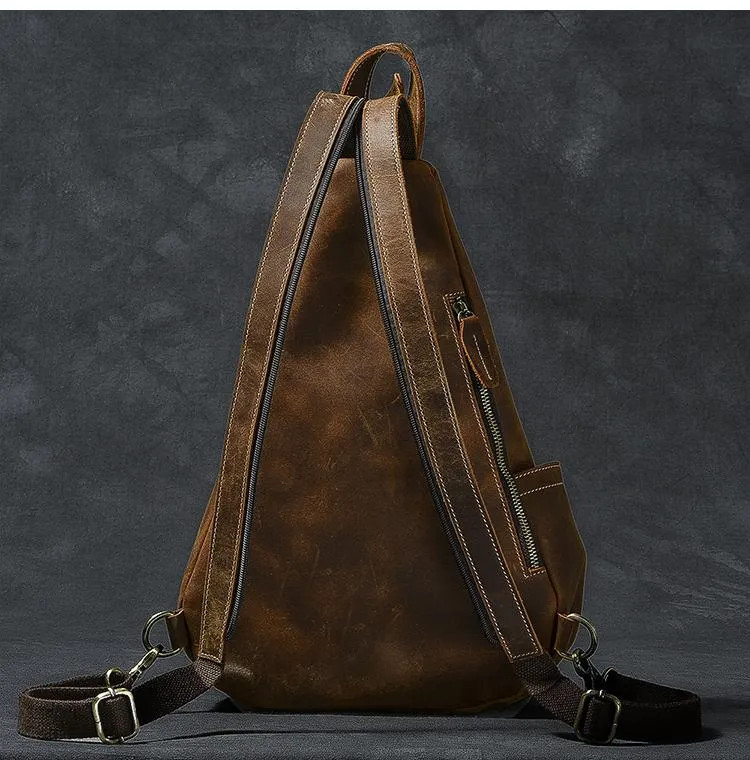 Vintage Leather Mens 16" Backpack Sling Bag Brown Chest Bag One Shoulder Backpack for Men
