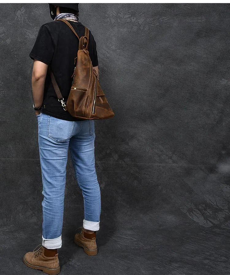 Vintage Leather Mens 16" Backpack Sling Bag Brown Chest Bag One Shoulder Backpack for Men