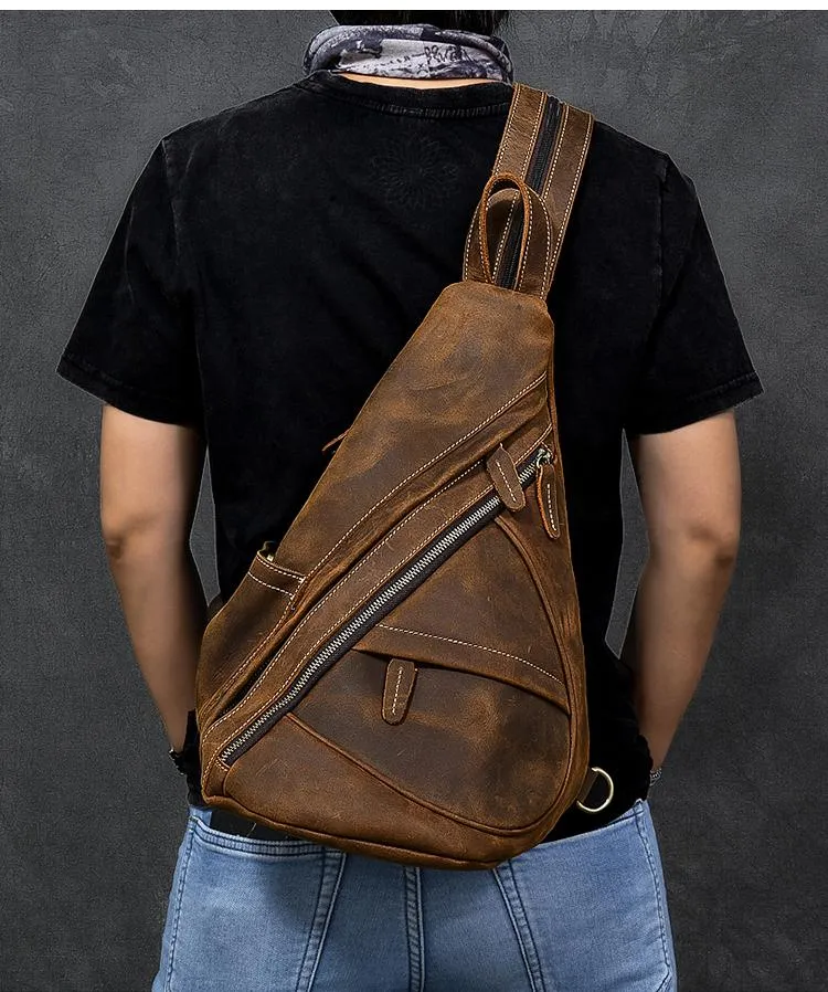 Vintage Leather Mens 16" Backpack Sling Bag Brown Chest Bag One Shoulder Backpack for Men