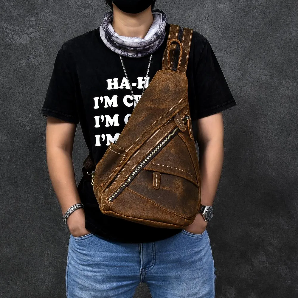 Vintage Leather Mens 16" Backpack Sling Bag Brown Chest Bag One Shoulder Backpack for Men