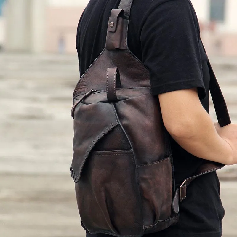 Vintage Leather Mens Cool Sling Bag Sling Shoulder Bag Chest Bag for men