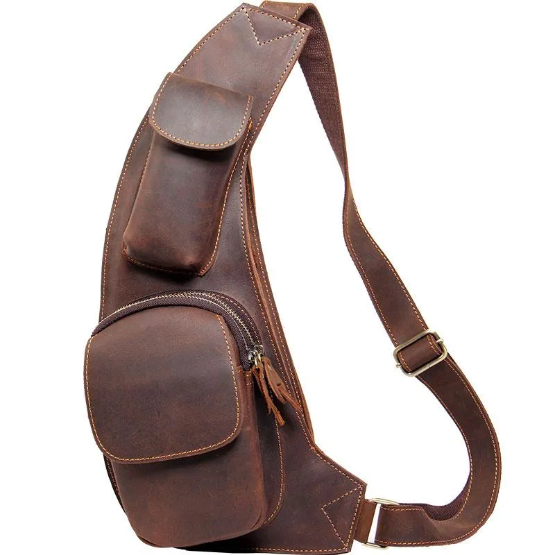 Vintage Leather Mens Sling Bag Shoulder Sling Bag Chest Bag for men