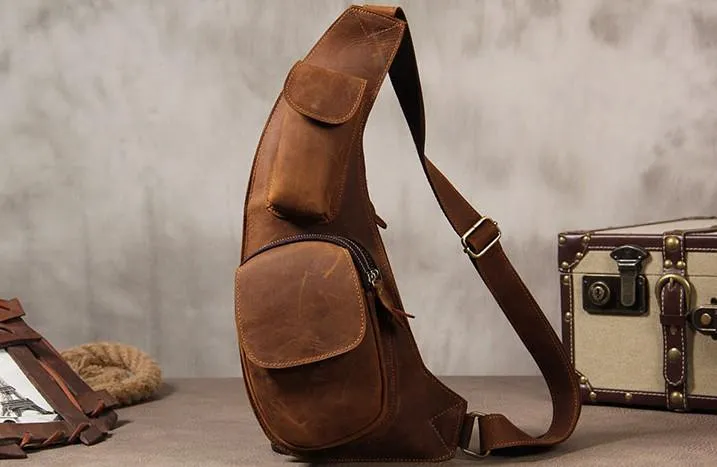 Vintage Leather Mens Sling Bag Shoulder Sling Bag Chest Bag for men