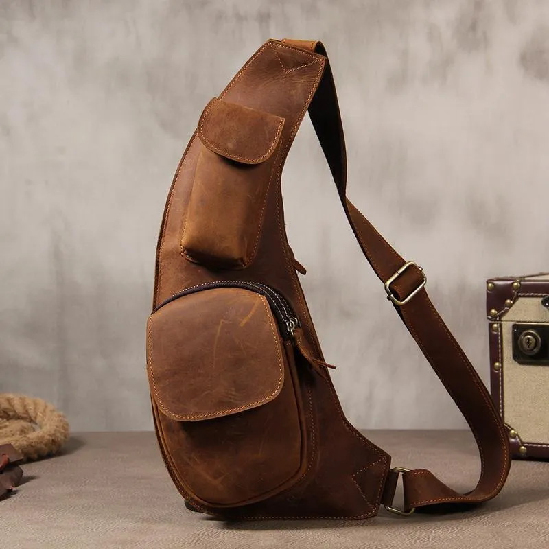 Vintage Leather Mens Sling Bag Shoulder Sling Bag Chest Bag for men