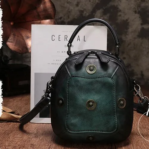 Vintage Red Geometric Womens Leather Round Brown Handbag Box Shoulder Bag Purse for Ladies