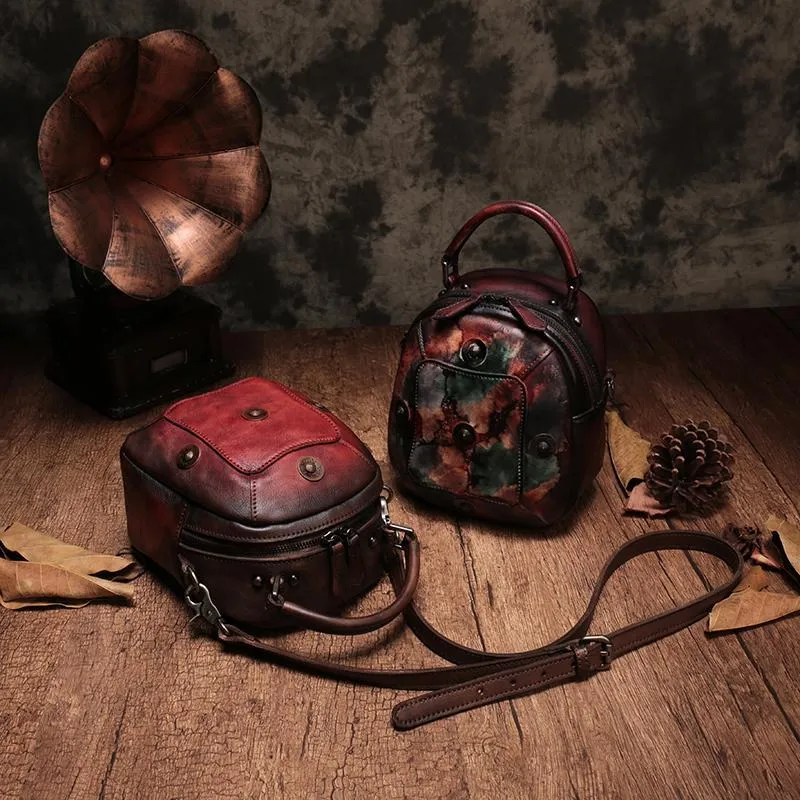 Vintage Red Geometric Womens Leather Round Brown Handbag Box Shoulder Bag Purse for Ladies