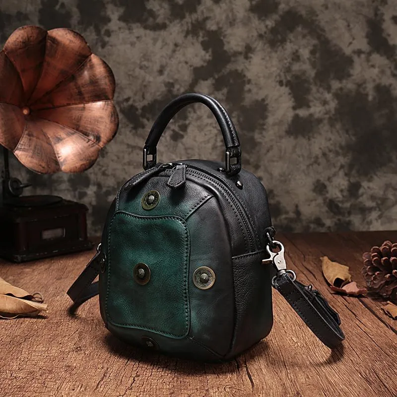 Vintage Red Geometric Womens Leather Round Brown Handbag Box Shoulder Bag Purse for Ladies