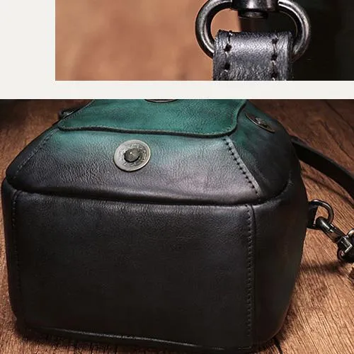 Vintage Red Geometric Womens Leather Round Brown Handbag Box Shoulder Bag Purse for Ladies
