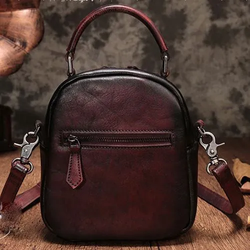 Vintage Red Geometric Womens Leather Round Brown Handbag Box Shoulder Bag Purse for Ladies