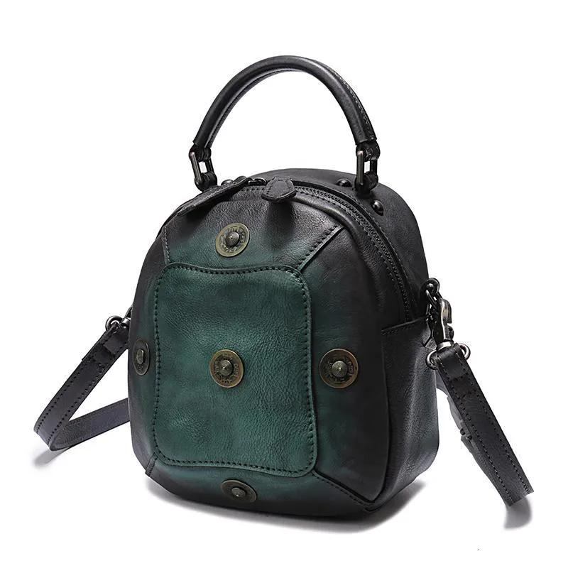 Vintage Red Geometric Womens Leather Round Brown Handbag Box Shoulder Bag Purse for Ladies
