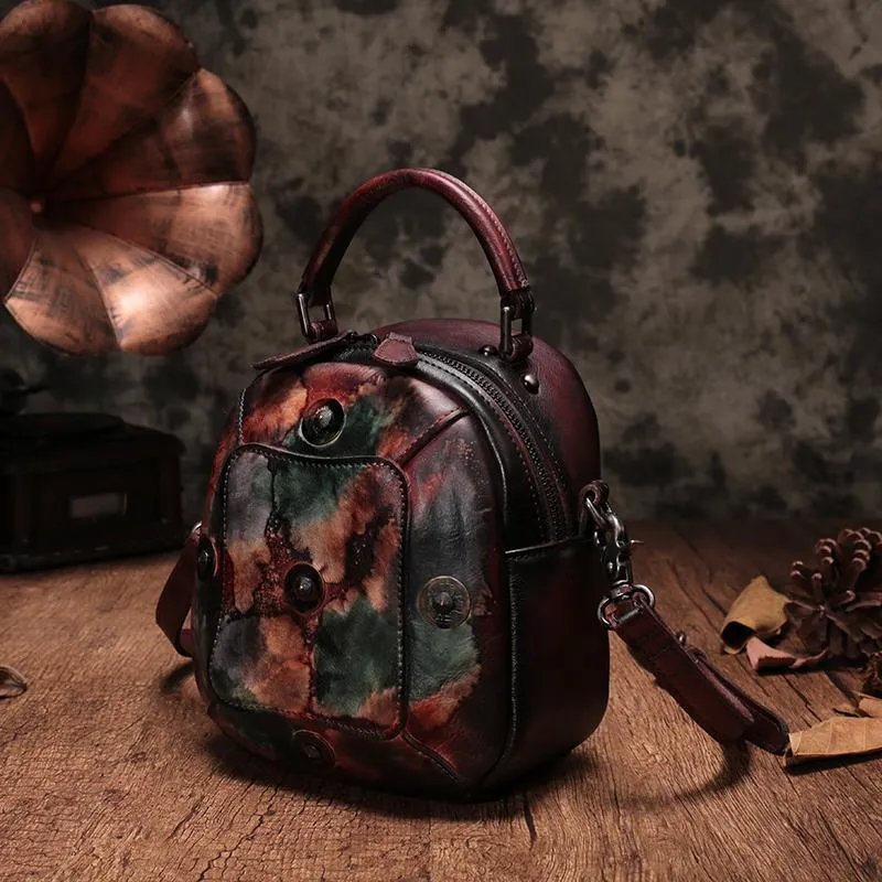 Vintage Red Geometric Womens Leather Round Brown Handbag Box Shoulder Bag Purse for Ladies