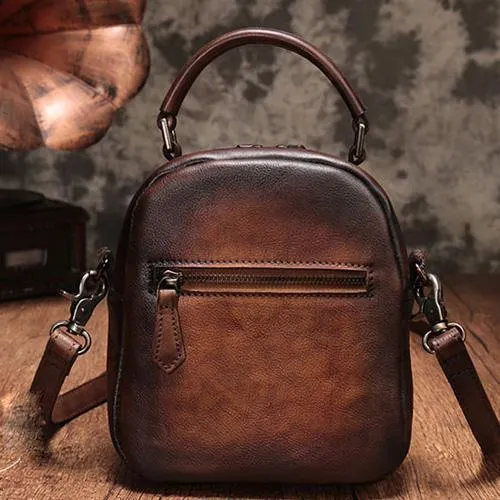 Vintage Red Geometric Womens Leather Round Brown Handbag Box Shoulder Bag Purse for Ladies