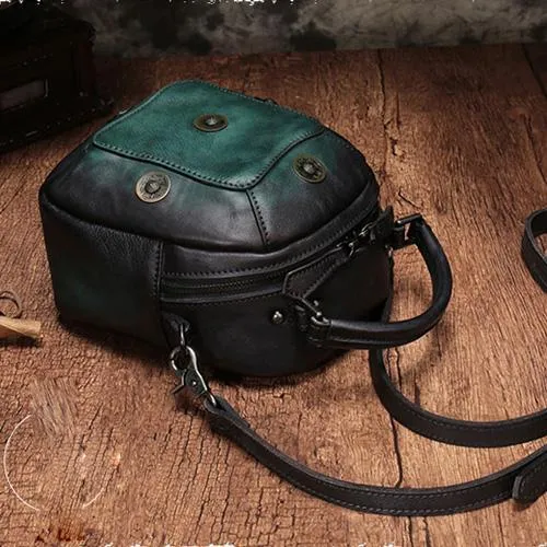 Vintage Red Geometric Womens Leather Round Brown Handbag Box Shoulder Bag Purse for Ladies
