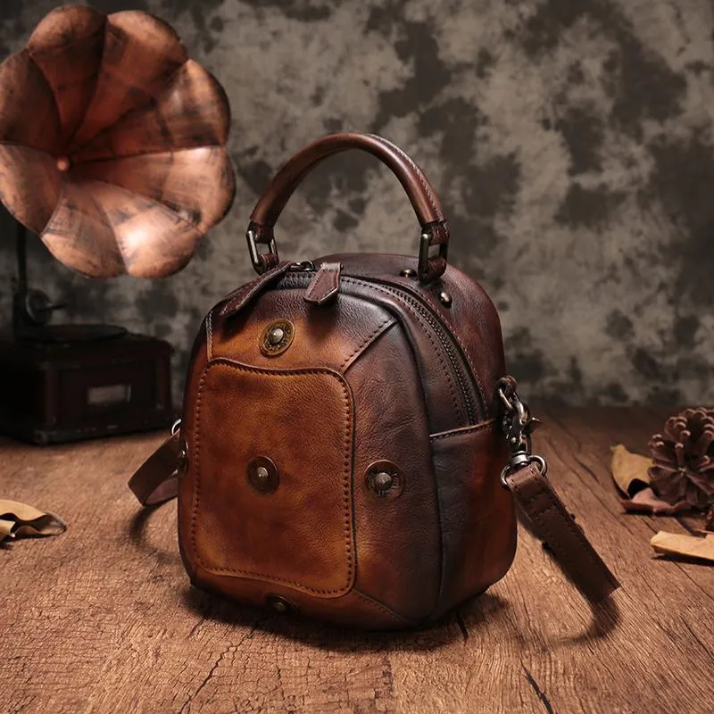 Vintage Red Geometric Womens Leather Round Brown Handbag Box Shoulder Bag Purse for Ladies
