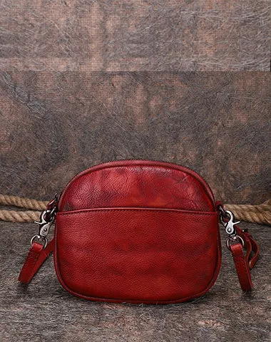 Vintage Small Leather Womens Round Brown Shoulder Bag Handmade Around Crossbody Purse for Ladies