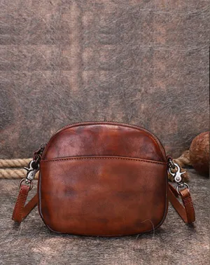 Vintage Small Leather Womens Round Brown Shoulder Bag Handmade Around Crossbody Purse for Ladies