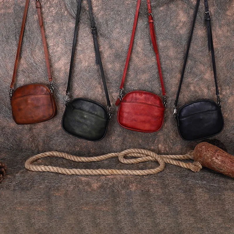 Vintage Small Leather Womens Round Brown Shoulder Bag Handmade Around Crossbody Purse for Ladies