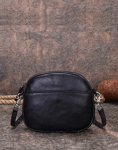 Vintage Small Leather Womens Round Brown Shoulder Bag Handmade Around Crossbody Purse for Ladies