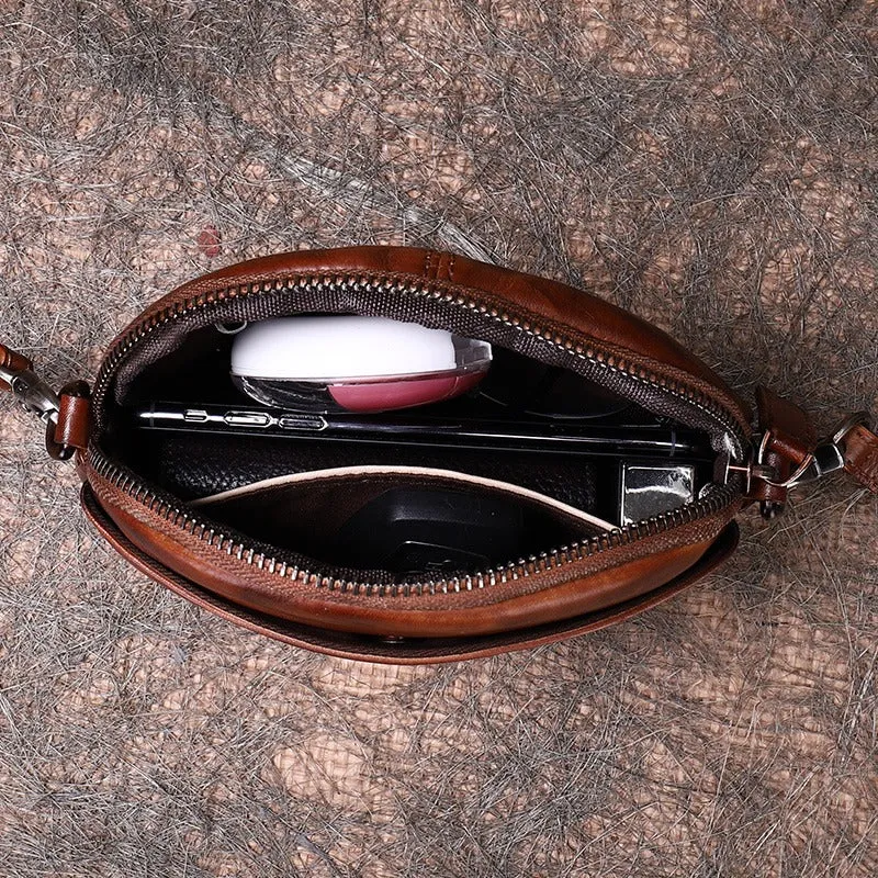 Vintage Small Leather Womens Round Brown Shoulder Bag Handmade Around Crossbody Purse for Ladies