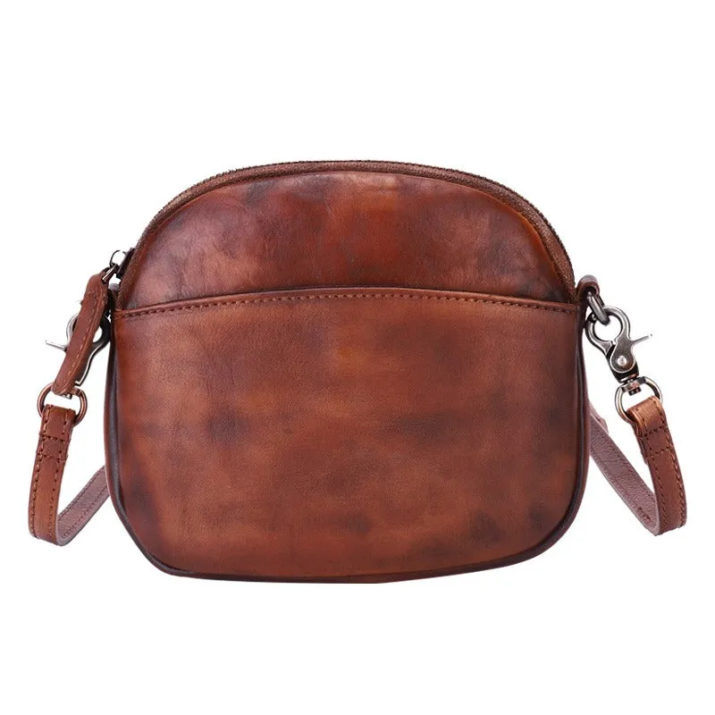 Vintage Small Leather Womens Round Brown Shoulder Bag Handmade Around Crossbody Purse for Ladies