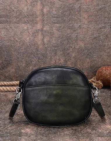 Vintage Small Leather Womens Round Brown Shoulder Bag Handmade Around Crossbody Purse for Ladies