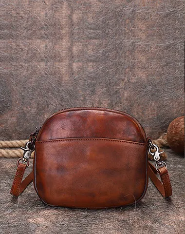 Vintage Small Leather Womens Round Green Shoulder Bag Handmade Around Crossbody Purse for Ladies