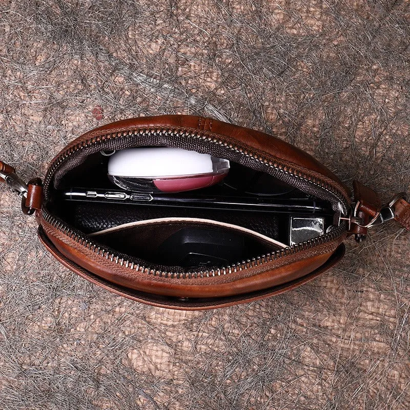 Vintage Small Leather Womens Round Green Shoulder Bag Handmade Around Crossbody Purse for Ladies
