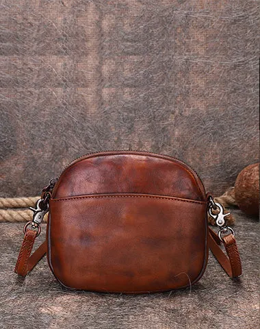 Vintage Small Leather Womens Round Red Shoulder Bag Handmade Around Crossbody Purse for Ladies